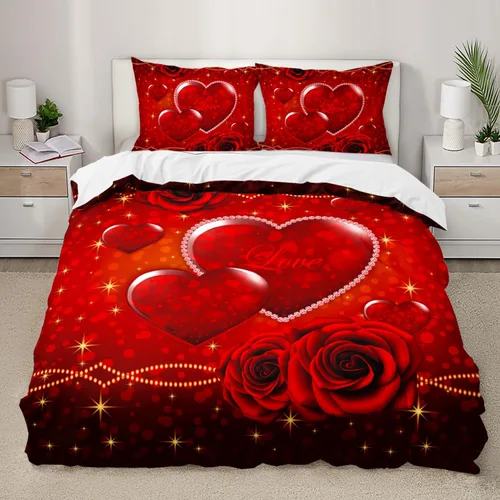Miniatura 26 de AILONEN - Juego de funda de edredón tamaño individual, diseño de corazones para parejas, juego de ropa de cama rojo y negro, diseño "Yo y tú", juego
