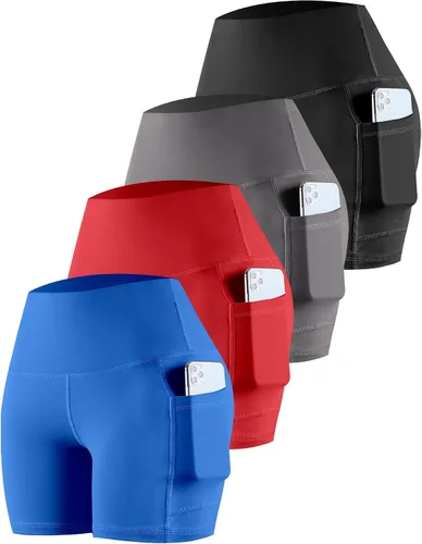Miniatura 19 de CHRLEISURE - Pantalones cortos de ciclismo para mujer con bolsillos de licra, cintura alta, con control de abdomen para entrenamiento, yoga
