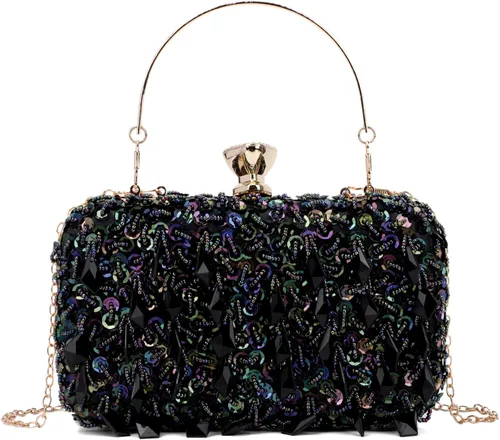 Oweisong Bolso de mujer con diamantes de imitación de cristal negro para boda, bolso de hombro con cuentas de diamantes brillantes para graduación