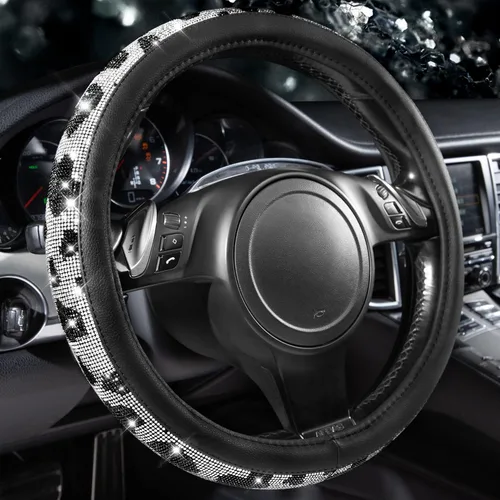 Miniatura 10 de CAR PASS - Funda de volante con diamantes brillantes de imitación y patrón de leopardo, con cristales de imitación brillantes para mujer