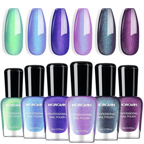 Morovan - Juego de esmalte de uñas camaleón: 6 colores, holográfico, de secado rápido, mini kit de laca de uñas con purpurina verde, rosa, azul,