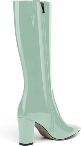 Miniatura 159 de AMBELIGHT Botas altas hasta la rodilla con cremallera y puntera puntiaguda para mujer, de patente sólida, tacón alto, 3.3 pulgadas