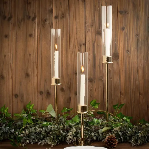 Miniatura 10 de Efavormart - Juego de 2 portavelas de cristal transparente de metal dorado de 16 pulgadas de alto, soportes para velas de huracán