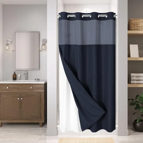 Miniatura 30 de eachope-Cortina de ducha de lino texturizado, forro de tela a presión, no necesita ganchos, ventana superior de malla, cal. hotelera de lujo, Crema