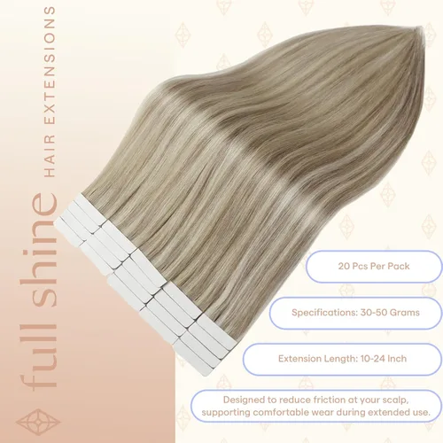 Miniatura 3 de Fshine Extensiones de cabello humano adhesivas de 14 pulgadas, extensiones de cabello humano con cinta adhesiva color rubio ceniza 18 y rubio 22
