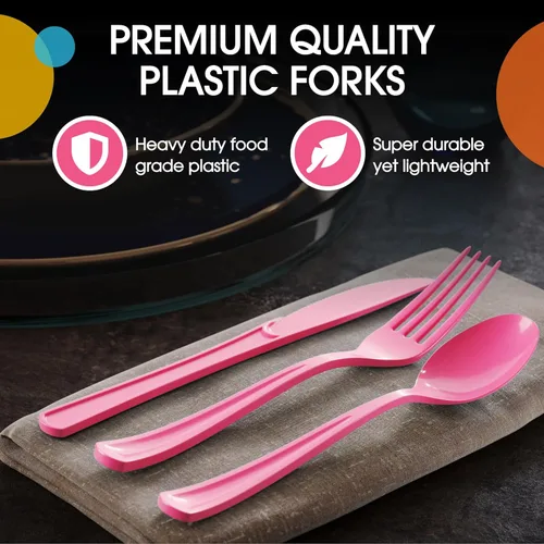 Miniatura 4 de Party Solids Cerise - Cubiertos de plástico resistentes, 150 piezas de cubiertos desechables de Cerise, juego de utensilios, 50 de cada tenedor
