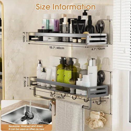 Miniatura 2 de Soporte de ducha con ventosa, estante de ducha de succión de 11.8 pulgadas con ganchos, soporte de baño sin perforación, organizador de baño a
