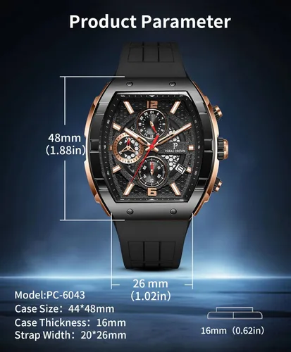 Miniatura 5 de Paras Crown Watches for Men Luxury Fashion Analog 50M Waterproof Sports Watch with Tonneau Dial Luminous Quartz Business Wrist Watch