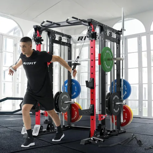 Miniatura 7 de RitFit Máquina Buffalo Smith, jaula eléctrica con sistema LAT-Pull Down y sistema de cruce de cables, estante de sentadillas todo en uno para Rojo