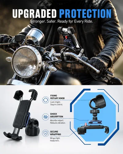 Miniatura 4 de Hiboy Soporte de teléfono para motocicleta, amortiguador de vibraciones mejorado, soporte giratorio de 360°, clip de teléfono para manillar