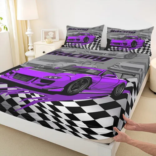 Miniatura 11 de Silver Race Cars - Sábana bajera ajustable para niños, tamaño individual, diseño de bandera de carreras en blanco y negro, decoración de habitación