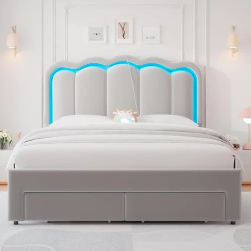Miniatura 8 de Base de cama LED tapizada tamaño matrimonial con 2 cajones de almacenamiento y cabecera doble ondulada ajustable, cama de plataforma de terciopelo