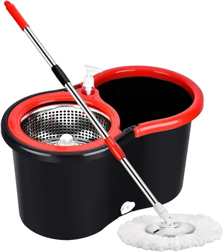 Miniatura 7 de Juego de trapeador giratorio y cubo, trapeador giratorio 360 y cubeta de acero inoxidable, sistema de limpieza de suelos, con 3 cabezales de Negro-1