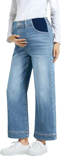 BLENCOT - Pantalones de maternidad para mujer de cintura alta, pierna ancha y elástica de mezclilla, ropa de embarazo