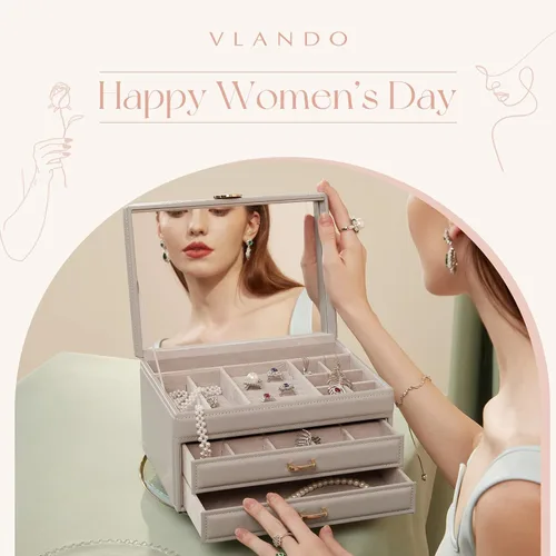 Miniatura 2 de Vlando - Joyero con espejo caja de almacenamiento para joyas de gran capacidad con espacio para aretes de niñamujer, collares, pulseras