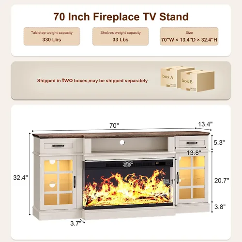 Miniatura 2 de MXV Soporte de TV con chimenea de 70 pulgadas, chimenea de vidrio de 3 lados y centro de entretenimiento moderno, consola multimedia de madera