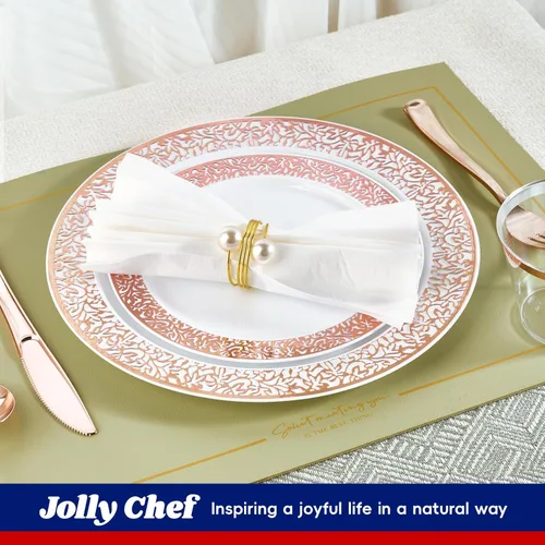Miniatura 5 de Juego de vajilla de oro rosa de 150 unidades, elegante desechable incluye: 25 platos de plástico de encaje dorado, 25 platos de postre, 25