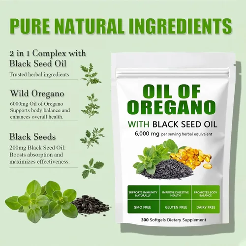 Miniatura 5 de Aceite de orégano con aceite de semilla negra, cápsulas de aceite de orégano orgánico, suplemento puro y natural, apoyo inmunológico Mejora