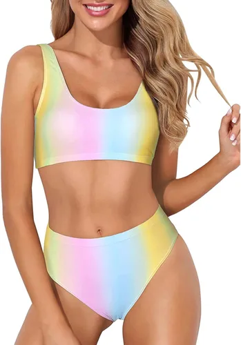 Tempt Me Bikini de dos piezas con cuello redondo para mujer, traje de baño de corte alto, traje de baño deportivo de cintura alta con parte inferior