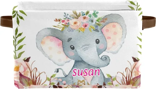 Miniatura 7 de Canasta de almacenamiento personalizada de elefante verde azulado con nombre, caja de almacenamiento grande con asas para el hogar, oficina