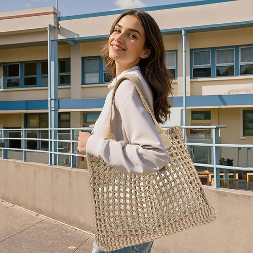 Miniatura 36 de ENBEI Bolsa de playa para mujer, diseño hueco de punto de ganchillo, elegante para la playa, viajes y uso diario