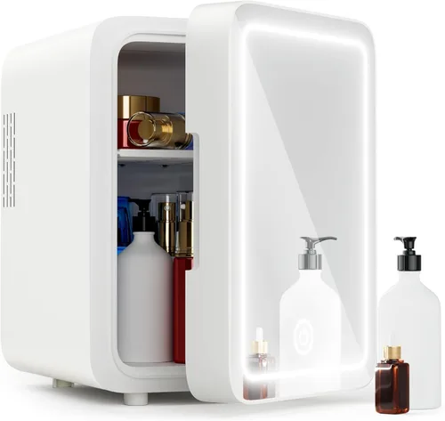 Refrigerador LED Mirror para el cuidado de la piel (4 litros/6 latas) Mini refrigerador de belleza y maquillaje con enfriamiento y calentamiento,