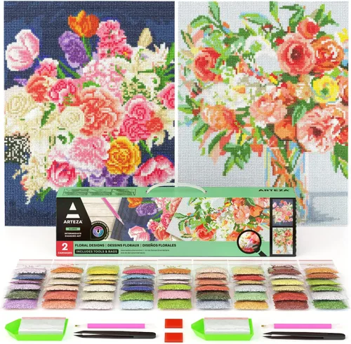 Miniatura 9 de Arteza Kit de pintura de diamantes 5D, paquete de 2, margaritas y girasoles, arte de diamantes de perforación completa para adultos, lienzos de 12 x