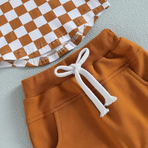 Miniatura 12 de Conjunto de ropa de verano para bebé niño y niño, diseño a cuadros, manga corta, sudadera con capucha y pantalones cortos casuales