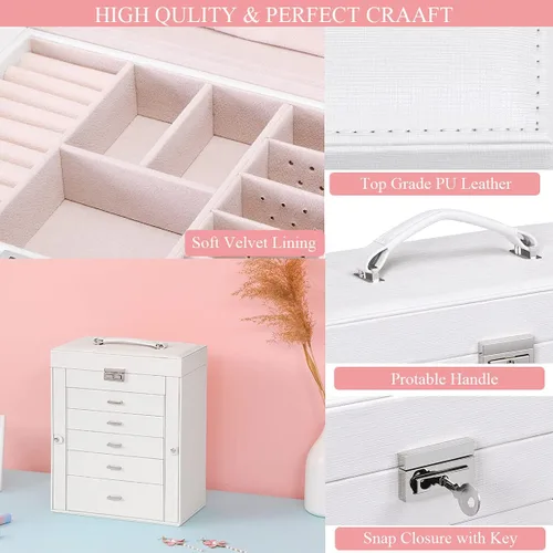 Miniatura 3 de ANWBROAD Enorme caja de joyería de 6 niveles organizador de joyas con cerradura de espejo caja de joyería para niñas aretes anillos collares
