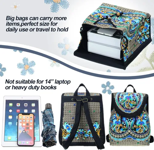 Miniatura 3 de 3 unids mujeres vintage bordado étnico hecho a mano mochila flor Crossbody bolsa Hmong mochila bolso mexicano, Azul series, Serie Azul
