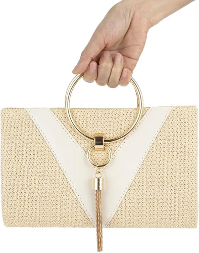 Miniatura 3 de GripIt Bolsos de paja para mujer bolso de playa bohemio tejido con borla para novia bolso de mano para mujer bolso de verano con asa superior