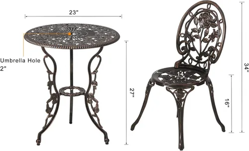 Miniatura 6 de HOMEFUN Juego de 2 mesas y sillas de bistró para exteriores, juego de 3 piezas, diseño de rosa, aluminio fundido para jardín, balcón, resistente a
