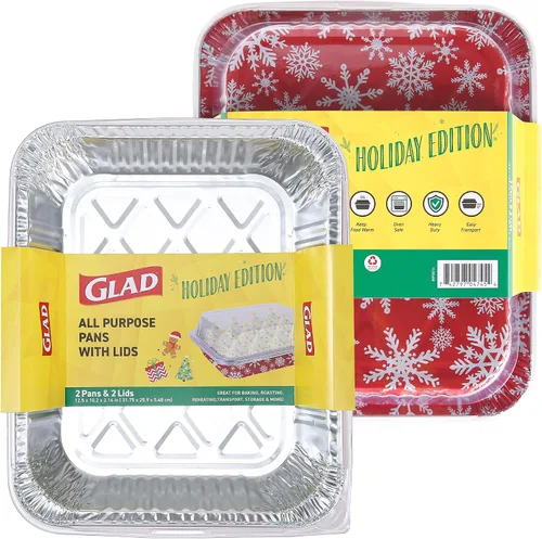 Miniatura 8 de Glad Holiday Edition Moldes de Aluminio para Hornear con Forma de Árbol de Navidad con Patrón de Copos de Nieve Rojos y Blancos, Moldes Desechables