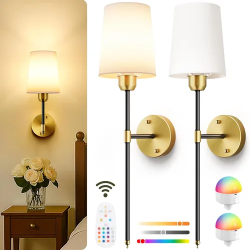Miniatura 10 de Apliques de pared operados por batería juego de 2, lámparas de pared inalámbricas color bronce con bombillas magnéticas recargables y control