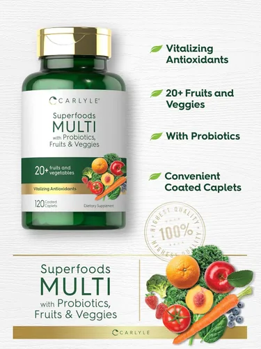 Miniatura 5 de Carlyle Suplemento de frutas y verduras 120 unidades Multivitamínico superalimento con probióticos Hecho con 20 frutas y verduras Sin OMG