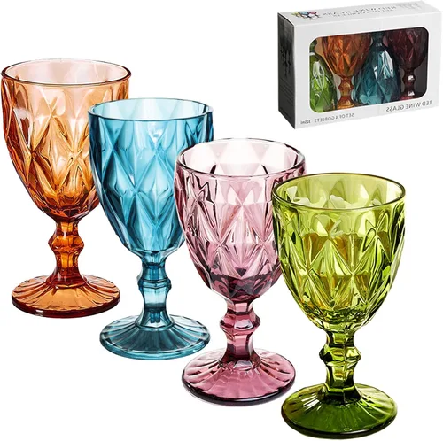 Juego de 4 copas de vino vintage, de plástico reutilizable de 12 onzas, copas de agua de colores con patrón único en relieve irrompibles con tallo,