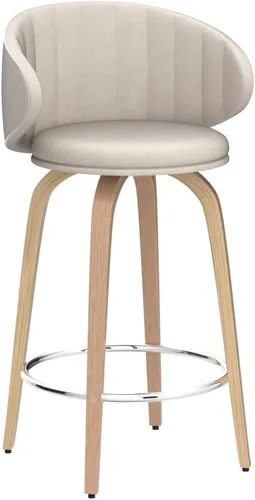 Miniatura 4 de Juego de 2 taburetes de bar modernos de madera curvada de mediados de siglo, taburetes giratorios de piel sintética con respaldo para encimera