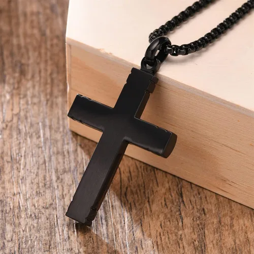 Miniatura 6 de Collar de cruz de madera para hombre, sándalo real con incrustaciones a mano collares de cruz para hombre, colgante de crucifijo de acero inoxidable