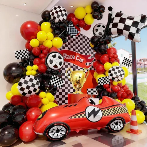 Miniatura 8 de Kit de arco de globos de auto de carreras, decoración de cumpleaños de coches de carreras, fiesta de cumpleaños, bandera roja, negra y plateada, kit