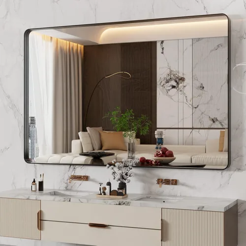 WEER - Espejo de baño de 55x36 pulgadas con marco de metal negro, espejo de tocador de baño negro estilo casa de campo, espejos de pared de vidrio