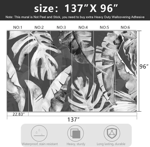 Miniatura 4 de Papel tapiz de tela de hoja de plátano gris botánico tropical para sala de estar, dormitorio, baño, planta mural de pared grande - 137 x 96 pulgadas