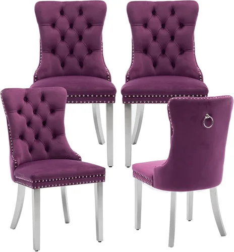 Miniatura 14 de LKTART Juego de 2 sillas de comedor de terciopelo, sillas de comedor copetudas con ribete de anillo de clavo, silla de comedor tapizada con patas
