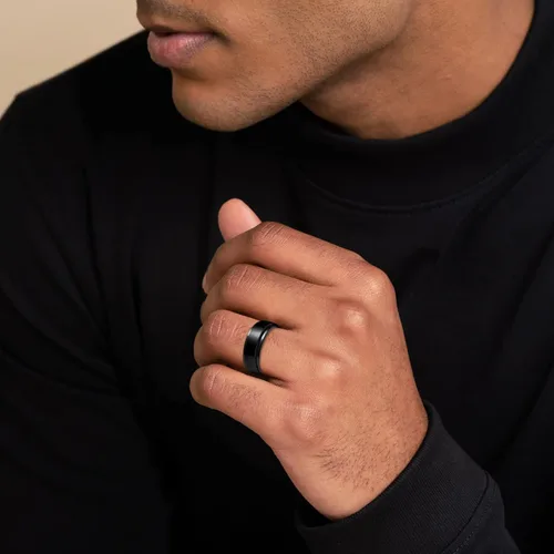 Miniatura 27 de LAOYOU Anillo giratorio para hombre para alivio de la ansiedad 0.315 in de acero inoxidable negro anillo de ansiedad con incrustaciones de cadena