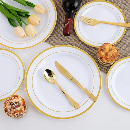 Miniatura 5 de 125 unidades de platos de plástico dorados incluyen 25 platos para cenar, 25 postres desechables y cubiertos desechables dorados, juego de vajilla