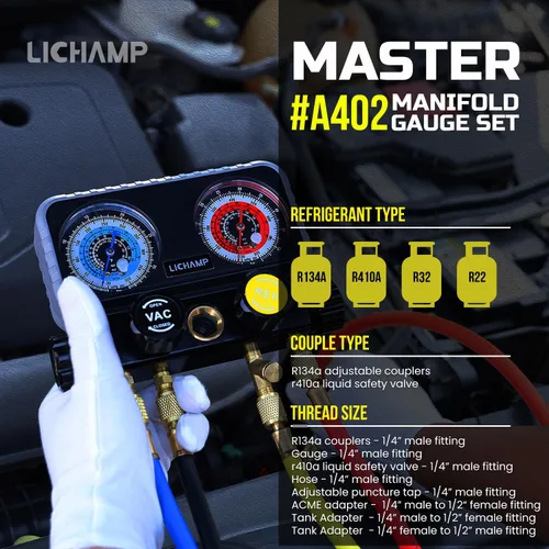 Miniatura 2 de Lichamp Set de Medidores de Colector HVAC R410A AC R134A, Freón R22 R32 410A 134A Medidor de Colector Diagnóstico de 4 Vías con Kit de Manguera Kit