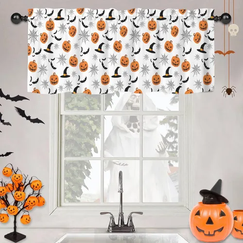 Miniatura 3 de Cenefas de Halloween para ventanas, cortina de calabaza con sombrero de bruja, cortinas cortas con bolsillo para barra, cortinas de cenefa