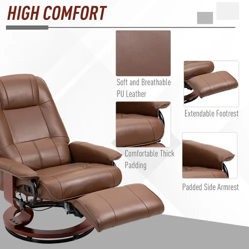 Miniatura 6 de HOMCOM Sillón reclinable manual de piel sintética, silla de salón ajustable con reposapiés, apoyabrazos y base de madera envuelta para sala de Marrón