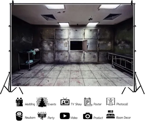 Miniatura 2 de YongFoto Telón de fondo de hospital abandonado de 5 x 3 pies Morgue Tajones jirones cama de operaciones piso de sangre Fondo de fotografía