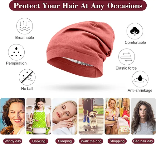Miniatura 3 de 4 Pieces Satin Lined Beanie Cap Satin Sleep Lined Hat Slouchy Beanie Hat Night Silk Hair Cap for Women Men