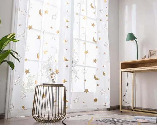 Miniatura 8 de SEEKRIGHT Twinkle Moon - Cortinas transparentes plateadas para habitación de la guardería del bebé, cortinas de encaje con ojales de estrella y luna